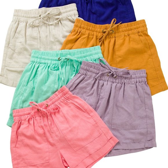 Zenana NWT Linen Drawstring Waist Shorts with Pockets in Light Olive - Picture 2 of 4